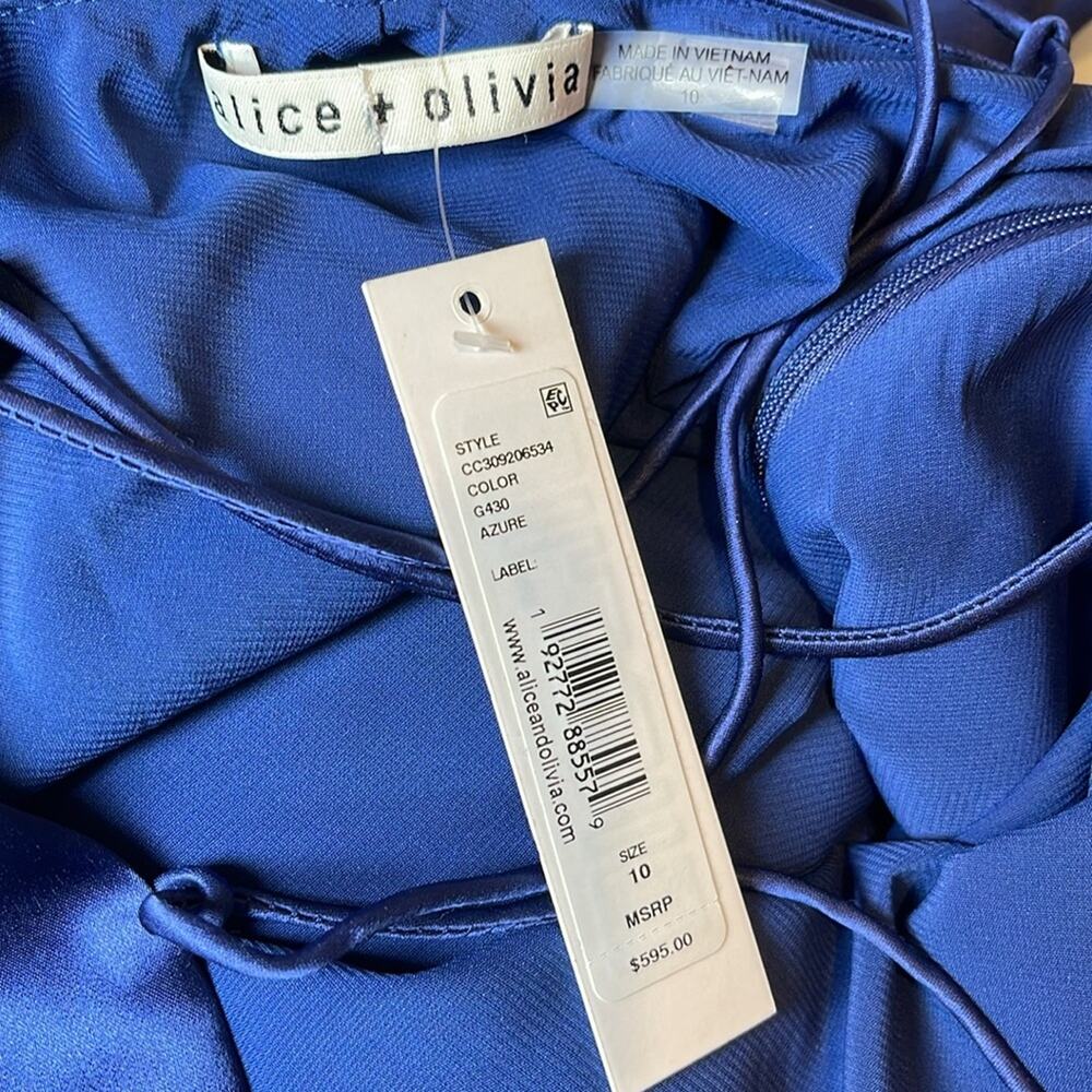 ALICE + OLIVIA Montana Azure Blue Strappy Tie Back Satin Maxi Dress Size 10 - Picture 8 of 9